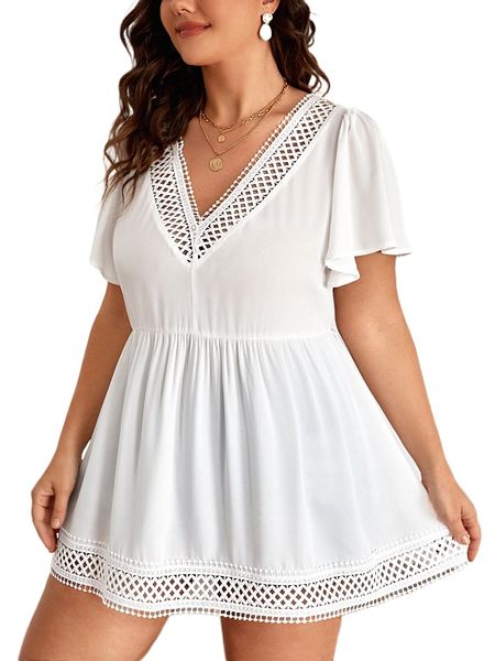 

plus guipure lace insert peplum blouse c3hi#, Black