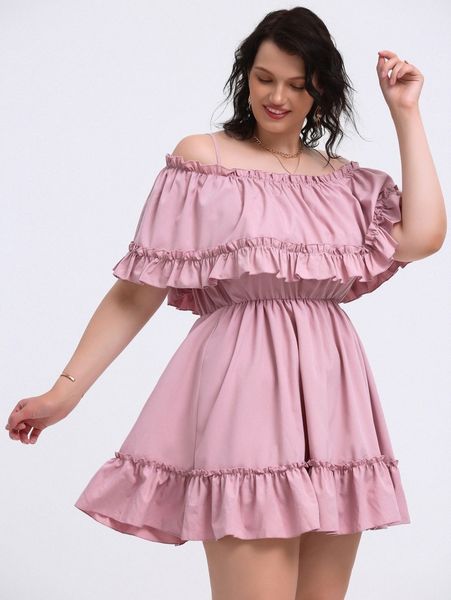 

plus off shoulder frill trim dress 86or#, Black