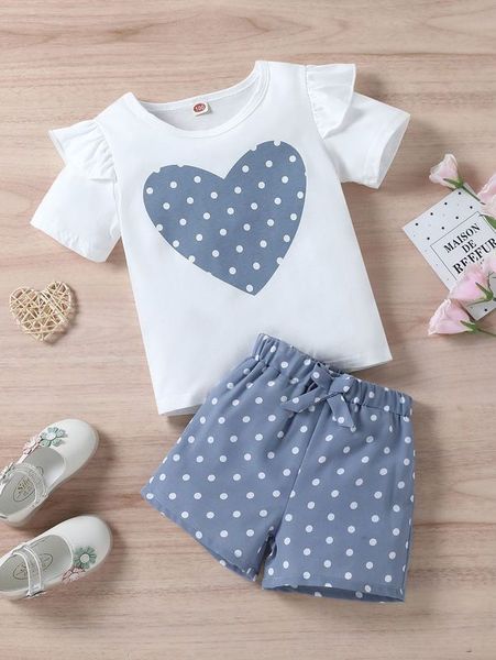 

toddler girls polka dot ruffle trim tee & knot waist shorts she01, White