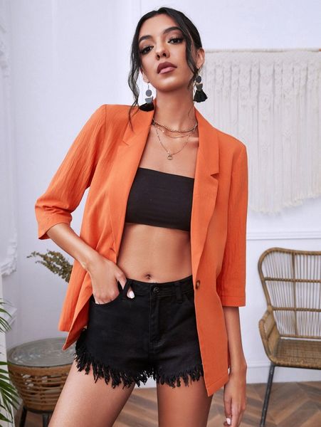 

solid single button blazer w7cy#, White