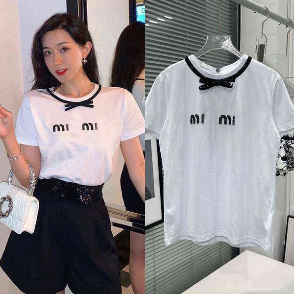 

summer sweet lady neckline black sequin bow pin bead cotton white t-shirt