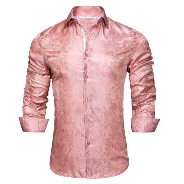 Мужские повседневные рубашки Роуз розовый Пейсли шелковая рубашка с длинным рукавом для мужчин Жаккардовый мужской деловой вечеринка свадебное платье Hi-tehing Designer