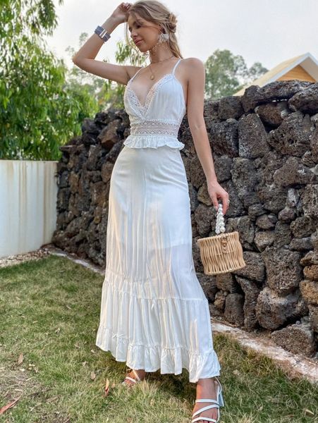 

eilly bazar guipure lace panel lace up backless ruffle hem cami dress r9pk#, Black;gray