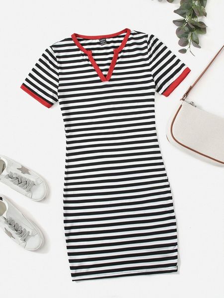

notch neck striped dress l6hs#, Black;gray