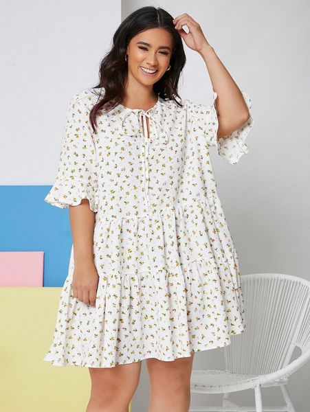 

plus tie neck bell sleeve ditsy floral smock dress 0338#, Black
