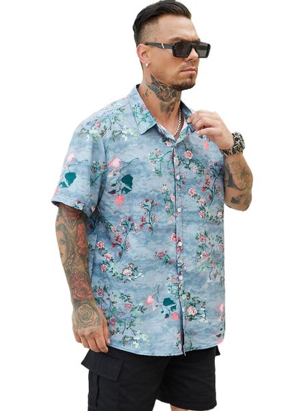 

extended sizes men random floral print shirt x5e3#, White;black