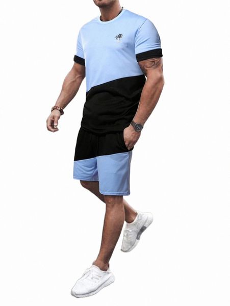 

men colorblock floral print tee with drawstring waist shorts q5l4#, Gray