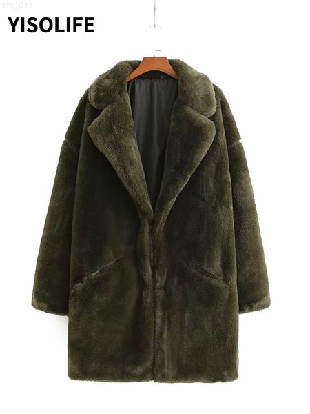 

women's winter clothing faux fur loose coat dark green suit collar single-breasted simple mid-length furry spring & fall jacket t220716, Black