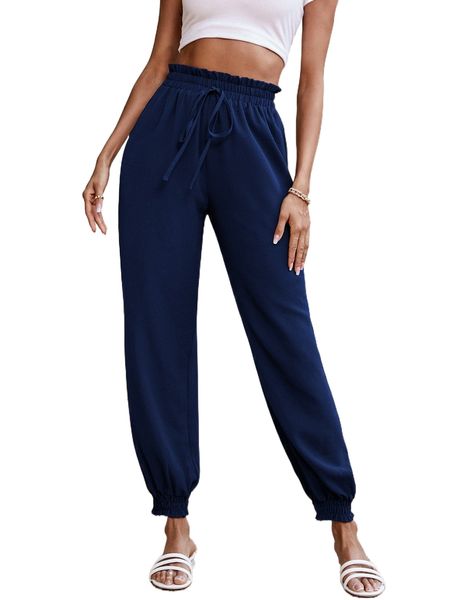 

solid fake drawstring shirred hem pants 41dh#, Black;white