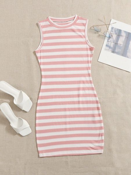 

striped pattern rib-knit bodycon dress i17k#, Black;gray