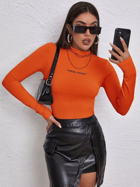 

neon orange mock neck letter embroidered rib-knit tee n94z#, White