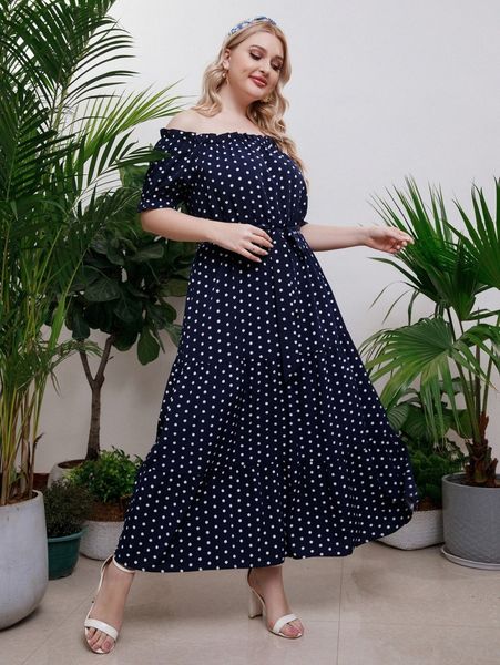 

plus polka dot puff sleeve off shoulder ruffle hem belted dress c5kg#, Black
