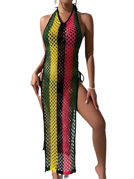 

striped hollow out backless slit halter cover up dress 09u2#, White;black