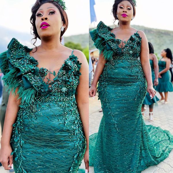 

2022 plus size arabic aso ebi hunter green mermaid prom dresses lace beaded evening formal party second reception birthday engagement gowns, Black