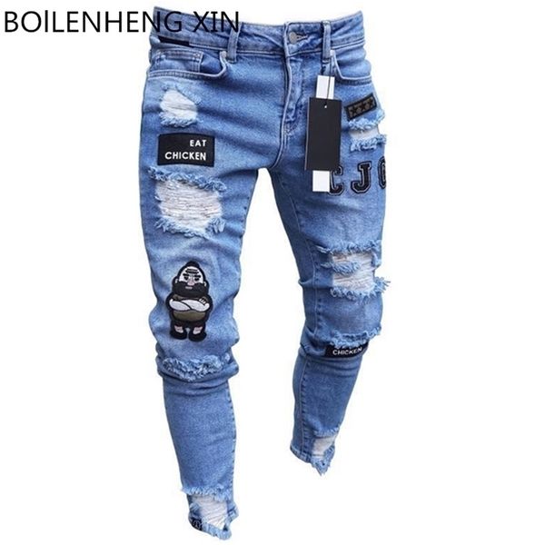 

mens broken hole embroidered pencil jeans slim men trousers casual thin denim pants classic cowboys young man jogging pants w220813, Blue