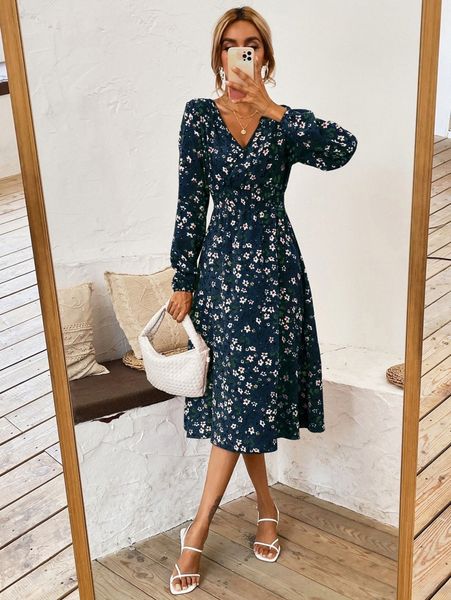 

surplice neck floral print shirred waist a-line dress g03o#, Black;gray