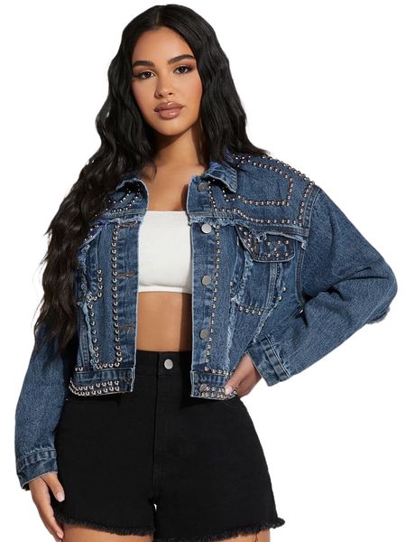 

petite studded decor raw cut denim jacket x3tu#, Black;brown