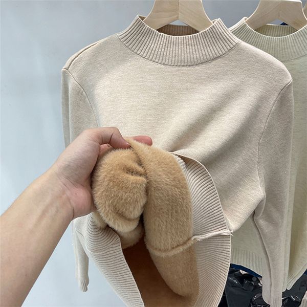 

women's sweaters korean turtleneck slim thicken plus velvet sweater woman winter knitted pullovers casual fleece lined warm knitwear, White;black