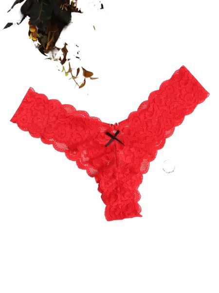 

floral lace bow front panty h68j#, Black;red