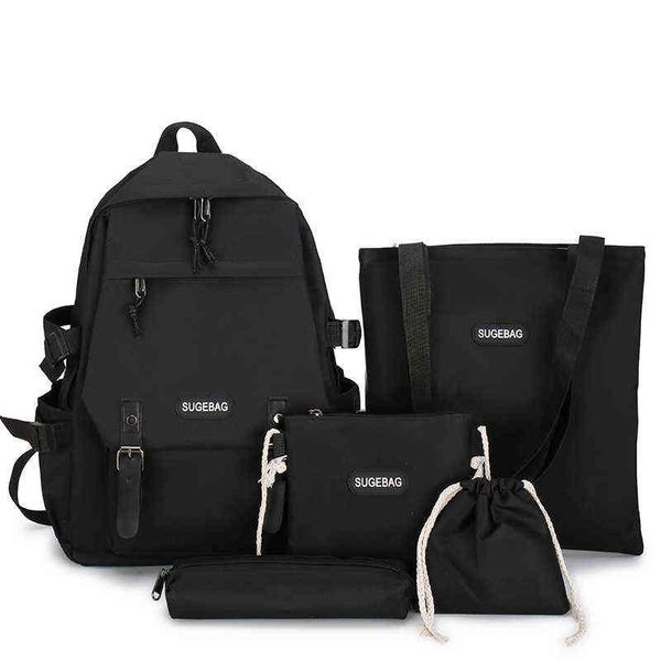 

5 piece set school bags for teenage girls women backpack canvas travel bagpack woman notebook bookbags teen student schoolbag aa220316