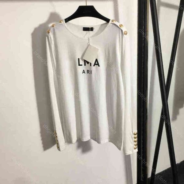

22ss brand women cotton t shirt summer designer long sleeve bottoming shirt lion head metal button letter logo tee casual pullover 5a female, White
