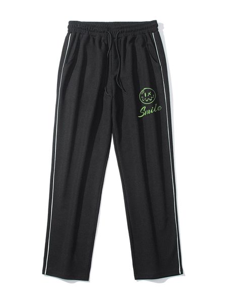 

men letter & cartoon face print contrast piping drawstring waist sweatpants v6bw#, Black