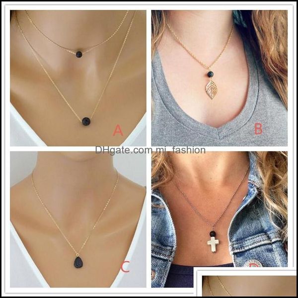 

pendant necklaces pendants jewelry fashion black lava stone beads cross leaf necklace aromatherapy essential oil per diffuser for women dr, Silver