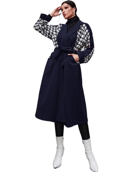 

houndstooth panel raglan sleeve belted overcoat 26j1#, Black