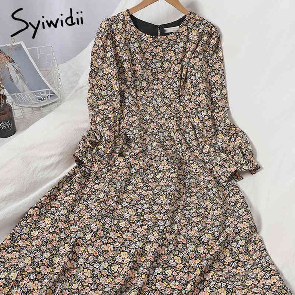 

fashion floral print high waist dresses women zipper bow lace up long sleeve oneck aline clothing spring korean 210415, Black;gray