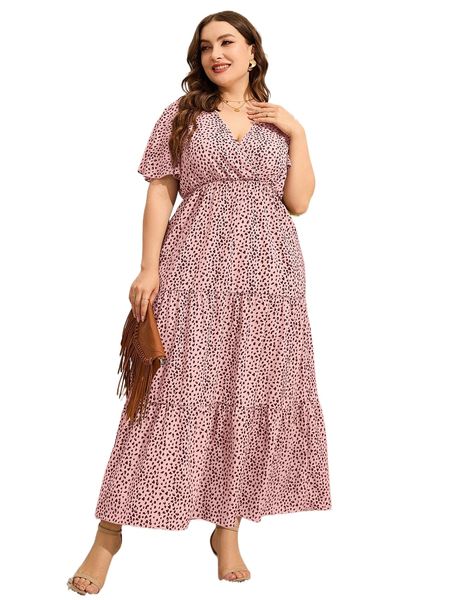 

plus allover print butterfly sleeve ruffle hem dress n4ie#, Black