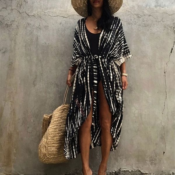 Bikini Cover-Ups Black Retro Striped Selfed Neewed Plus Размер Womensummer Kimono Платье Пляж Пляж Носить Купюрный костюм Накрыть Q1225 220408