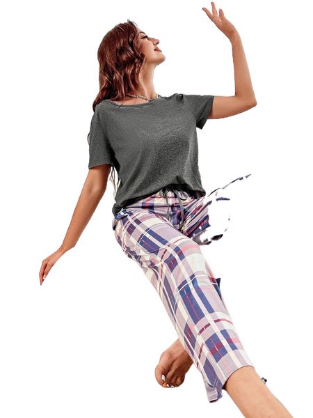 

tee & plaid print tie waist pants pj set s9yp#, Black;red