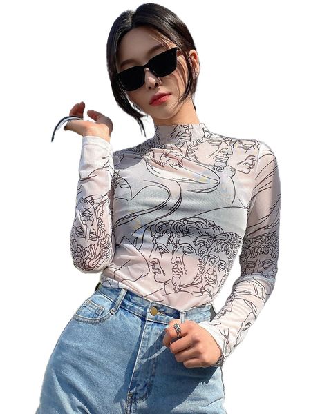 

dazy abstract figure graphic mock neck without bra t7h3#, White