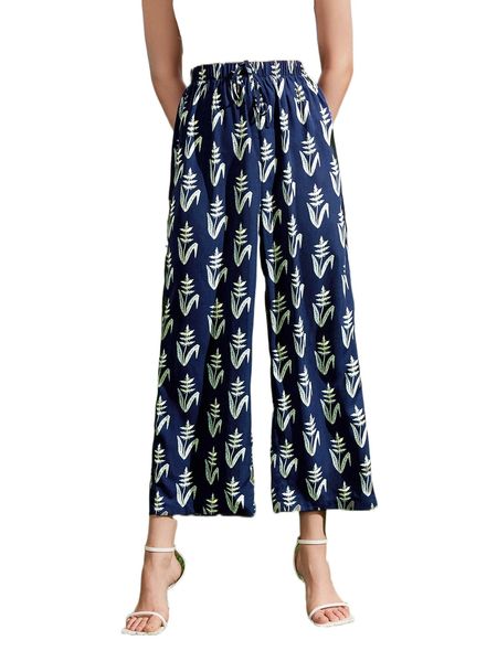 

high waist drawstring plants print pants 57x7#, Black;white