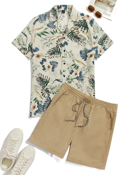 

men tropical print shirt & drawstring waist shorts j4na#, Gray
