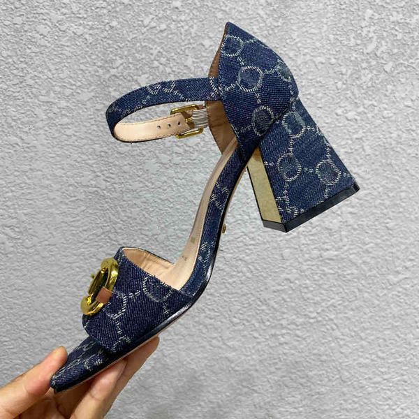 

luxury heels sandals women designer fashion denim blue chunky heel shoes genuine leather heeled dust proof bag with shoe box 2syo, Black