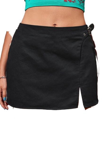 

grommet buckled side split hem skirt 57jo#, Black