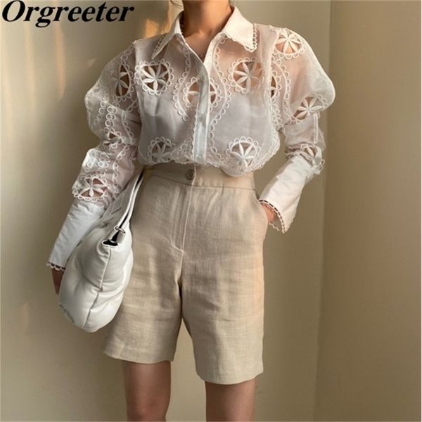

perspective white organza shirt women summer lace embroidery hollow long sleeve shirt&blouse female 210602