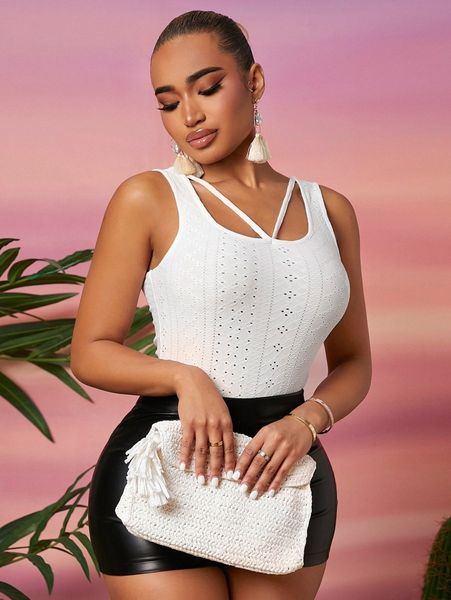 

sxy cut out front eyelet embroidered tank y11a#, White