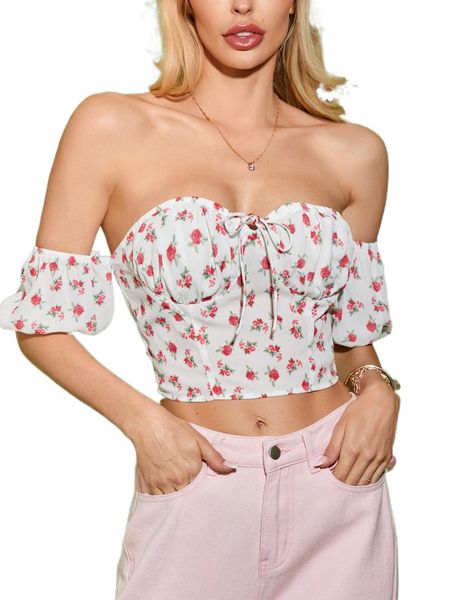 

ditsy floral off shoulder tie front ruched bust blouse 99jh#, White