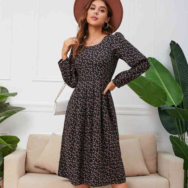 

2022 women's fall winter new square neck long sleeve high waist causal printed swing dress for ladies all match floral dress l220714, Black;gray