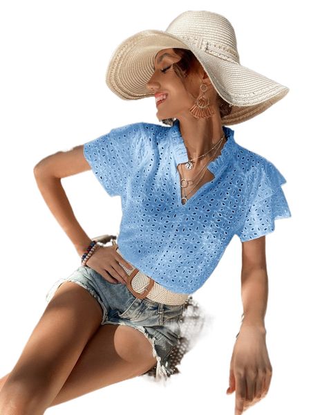 

frill notched neck two layer sleeve schiffy blouse j6vu#, White