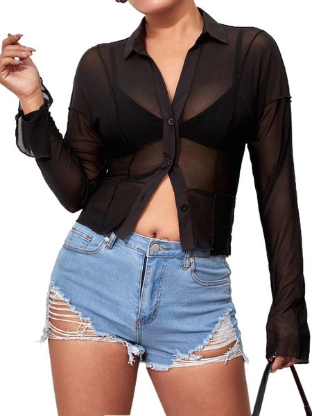 

petite button through split cuff mesh blouse 32ll#, White