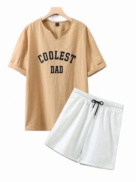 

men letter graphic notched neck & drawstring waist shorts 48hr#, Gray