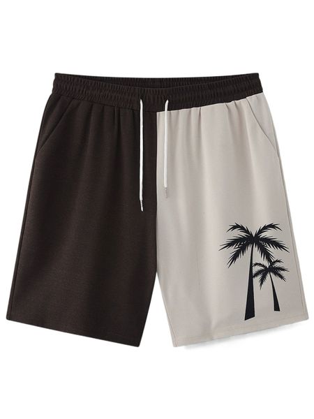 

men color block palm tree print drawstring waist shorts z7dj#, White;black