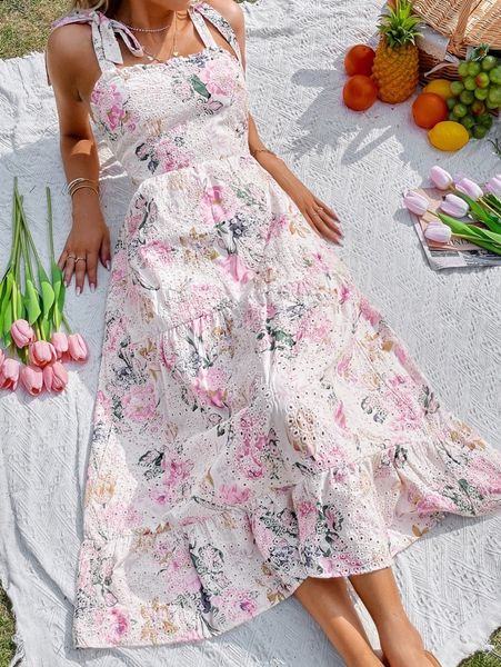 

random floral print eyelet embroidery knot shoulder shirred back cami dress v5yd#, Black;gray