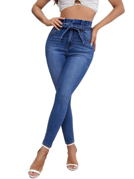 

high waist belted skinny jeans j8ug#, Blue