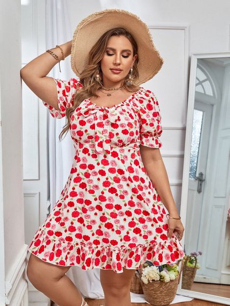 

plus floral print ruffle hem knot front dress o57b#, Black