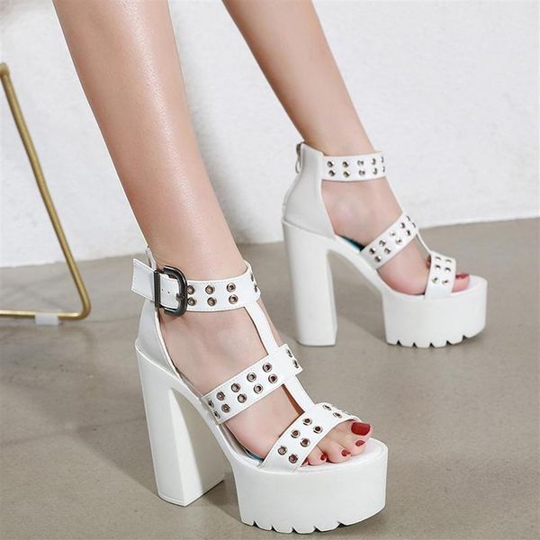 

sandalle femme platform punk rock gothic sandals women peep toe buckle chunky high heels white block heel sandal ljb87189s, Black