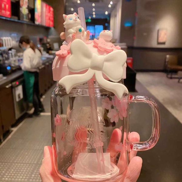 

starbucks cherry blossom season 2020 pink cute cat bow mason glass straw cup lovely girl water cup